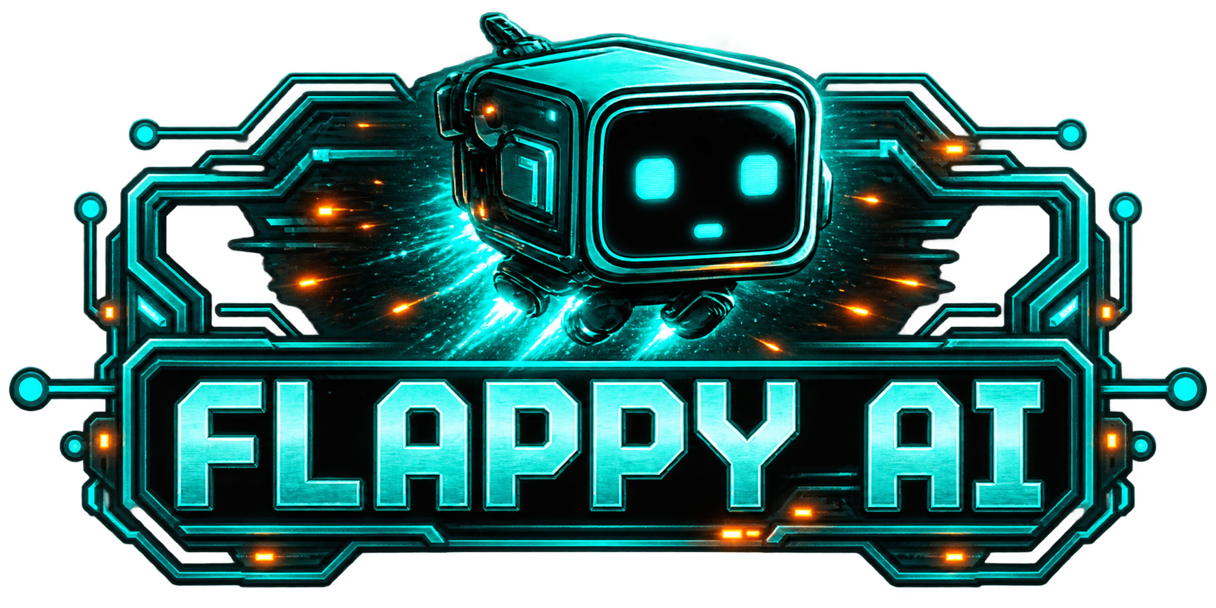Flappy AI's glowing cyan robot and game logo